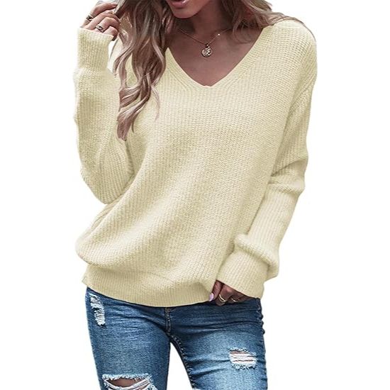 Women’s V-Neck Long Sleeve Loose Pullover Sweater